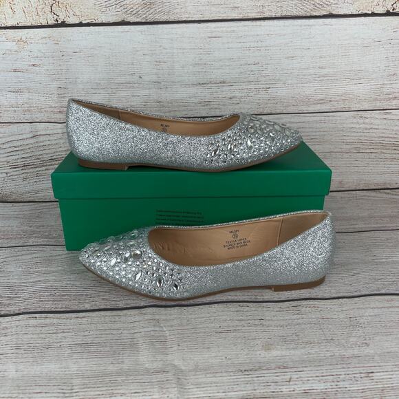 Lauren Lorraine Kelsey Womens Sz 7.5 Ballet Flats Silver Glitter Gems Wedding Br - Picture 1 of 9